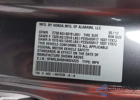 2017 Honda Odyssey Ex-L from USA, damaged, VIN 5FNRL5H68HB024225